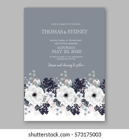Anemone Wedding Invitation Card Template Floral Bridal Wreath Bouquet with wight flowers, peony eucalyptus branches, wild privet berry, currant berry vector illustration in vintage watercolor
