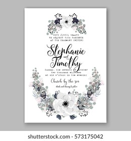 Anemone Wedding Invitation Card Template Floral Bridal Wreath Bouquet with wight flowers, peony eucalyptus branches, wild privet berry, currant berry vector illustration in vintage watercolor