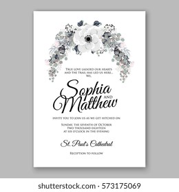 Anemone Wedding Invitation Card Template Floral Bridal Wreath Bouquet with wight flowers, peony eucalyptus branches, wild privet berry, currant berry vector illustration in vintage watercolor