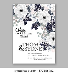 Anemone Wedding Invitation Card Template Floral Bridal Wreath Bouquet with wight flowers, peony eucalyptus branches, wild privet berry, currant berry vector illustration in vintage watercolor