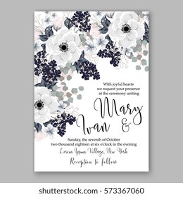 Anemone Wedding Invitation Card Template Floral Bridal Wreath Bouquet with wight flowers, peony eucalyptus branches, wild privet berry, currant berry vector illustration in vintage watercolor