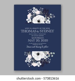 Anemone Wedding Invitation Card Template Floral Bridal Wreath Bouquet with wight flowers, peony eucalyptus branches, wild privet berry, currant berry vector illustration in vintage watercolor