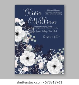 Anemone Wedding Invitation Card Template Floral Bridal Wreath Bouquet with wight flowers, peony eucalyptus branches, wild privet berry, currant berry vector illustration in vintage watercolor