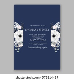 Anemone Wedding Invitation Card Template Floral Bridal Wreath Bouquet with wight flowers, peony eucalyptus branches, wild privet berry, currant berry vector illustration in vintage watercolor