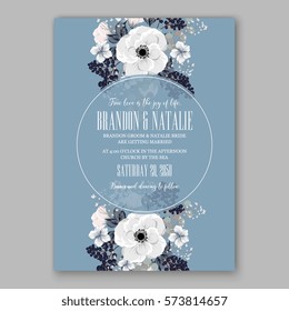 Anemone Wedding Invitation Card Template Floral Bridal Wreath Bouquet with wight flowers, peony eucalyptus branches, wild privet berry, currant berry vector illustration in vintage watercolor