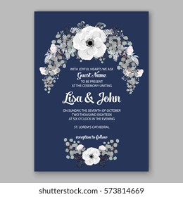Anemone Wedding Invitation Card Template Floral Bridal Wreath Bouquet with wight flowers, peony eucalyptus branches, wild privet berry, currant berry vector illustration in vintage watercolor