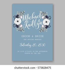 Anemone Wedding Invitation Card Template Floral Bridal Wreath Bouquet with wight flowers, peony eucalyptus branches, wild privet berry, currant berry vector illustration in vintage watercolor
