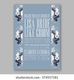 Anemone Wedding Invitation Card Template Floral Bridal Wreath Bouquet with wight flowers, peony eucalyptus branches, wild privet berry, currant berry vector illustration in vintage watercolor