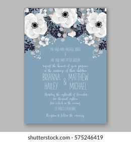 Anemone Wedding Invitation Card Template Floral Bridal Wreath Bouquet with wight flowers, peony eucalyptus branches, wild privet berry, currant berry vector illustration in vintage watercolor