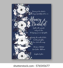 Anemone Wedding Invitation Card Template Floral Bridal Wreath Bouquet with wight flowers, peony eucalyptus branches, wild privet berry, currant berry vector illustration in vintage watercolor