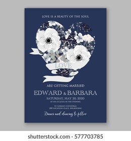 Anemone Wedding Invitation Card Template Floral Bridal Wreath Bouquet with wight flowers, peony eucalyptus branches, wild privet berry, currant berry vector illustration in vintage watercolor