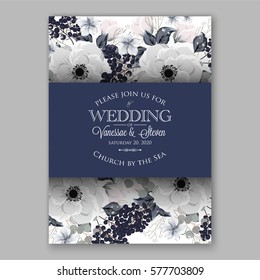 Anemone Wedding Invitation Card Template Floral Bridal Wreath Bouquet with wight flowers, peony eucalyptus branches, wild privet berry, currant berry vector illustration in vintage watercolor