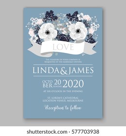 Anemone Wedding Invitation Card Template Floral Bridal Wreath Bouquet with wight flowers, peony eucalyptus branches, wild privet berry, currant berry vector illustration in vintage watercolor