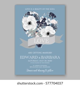 Anemone Wedding Invitation Card Template Floral Bridal Wreath Bouquet with wight flowers, peony eucalyptus branches, wild privet berry, currant berry vector illustration in vintage watercolor