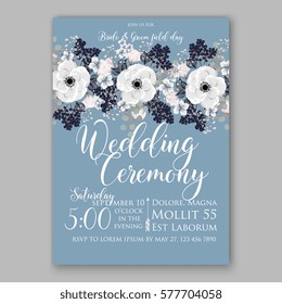 Anemone Wedding Invitation Card Template Floral Bridal Wreath Bouquet with wight flowers, peony eucalyptus branches, wild privet berry, currant berry vector illustration in vintage watercolor