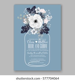Anemone Wedding Invitation Card Template Floral Bridal Wreath Bouquet with wight flowers, peony eucalyptus branches, wild privet berry, currant berry vector illustration in vintage watercolor