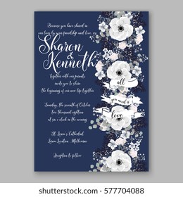 Anemone Wedding Invitation Card Template Floral Bridal Wreath Bouquet with wight flowers, peony eucalyptus branches, wild privet berry, currant berry vector illustration in vintage watercolor