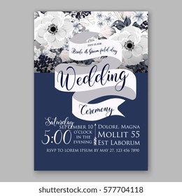 Anemone Wedding Invitation Card Template Floral Bridal Wreath Bouquet with wight flowers, peony eucalyptus branches, wild privet berry, currant berry vector illustration in vintage watercolor