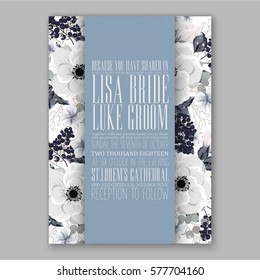 Anemone Wedding Invitation Card Template Floral Bridal Wreath Bouquet with wight flowers, peony eucalyptus branches, wild privet berry, currant berry vector illustration in vintage watercolor
