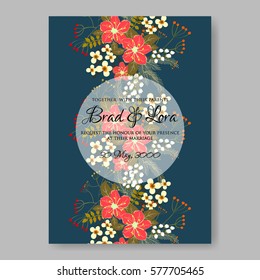 Anemone Wedding Invitation Card Template Floral Bridal Wreath Bouquet with wight flowers, peony eucalyptus branches, wild privet berry, currant berry vector illustration in vintage watercolor