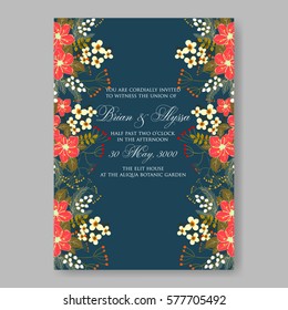 Anemone Wedding Invitation Card Template Floral Bridal Wreath Bouquet with wight flowers, peony eucalyptus branches, wild privet berry, currant berry vector illustration in vintage watercolor