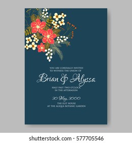 Anemone Wedding Invitation Card Template Floral Bridal Wreath Bouquet with wight flowers, peony eucalyptus branches, wild privet berry, currant berry vector illustration in vintage watercolor
