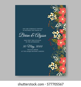 Anemone Wedding Invitation Card Template Floral Bridal Wreath Bouquet with wight flowers, peony eucalyptus branches, wild privet berry, currant berry vector illustration in vintage watercolor