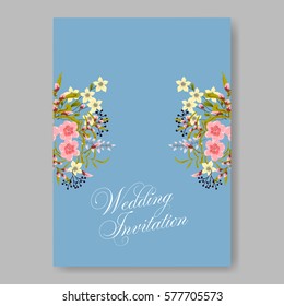 Anemone Wedding Invitation Card Template Floral Bridal Wreath Bouquet with wight flowers, peony eucalyptus branches, wild privet berry, currant berry vector illustration in vintage watercolor