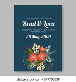 Anemone Wedding Invitation Card Template Floral Bridal Wreath Bouquet with wight flowers, peony eucalyptus branches, wild privet berry, currant berry vector illustration in vintage watercolor