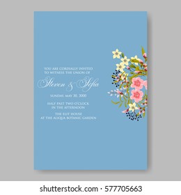 Anemone Wedding Invitation Card Template Floral Bridal Wreath Bouquet with wight flowers, peony eucalyptus branches, wild privet berry, currant berry vector illustration in vintage watercolor