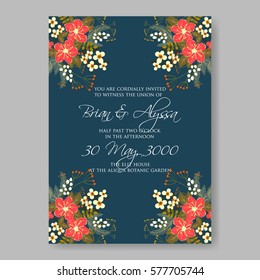 Anemone Wedding Invitation Card Template Floral Bridal Wreath Bouquet with wight flowers, peony eucalyptus branches, wild privet berry, currant berry vector illustration in vintage watercolor