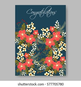 Anemone Wedding Invitation Card Template Floral Bridal Wreath Bouquet with wight flowers, peony eucalyptus branches, wild privet berry, currant berry vector illustration in vintage watercolor