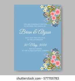 Anemone Wedding Invitation Card Template Floral Bridal Wreath Bouquet with wight flowers, peony eucalyptus branches, wild privet berry, currant berry vector illustration in vintage watercolor