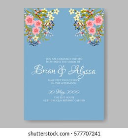 Anemone Wedding Invitation Card Template Floral Bridal Wreath Bouquet with wight flowers, peony eucalyptus branches, wild privet berry, currant berry vector illustration in vintage watercolor