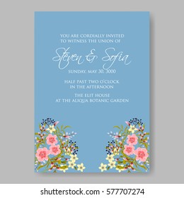 Anemone Wedding Invitation Card Template Floral Bridal Wreath Bouquet with wight flowers, peony eucalyptus branches, wild privet berry, currant berry vector illustration in vintage watercolor