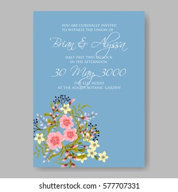 Anemone Wedding Invitation Card Template Floral Bridal Wreath Bouquet with wight flowers, peony eucalyptus branches, wild privet berry, currant berry vector illustration in vintage watercolor