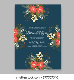 Anemone Wedding Invitation Card Template Floral Bridal Wreath Bouquet with wight flowers, peony eucalyptus branches, wild privet berry, currant berry vector illustration in vintage watercolor