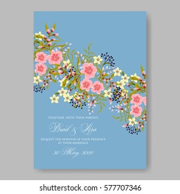 Anemone Wedding Invitation Card Template Floral Bridal Wreath Bouquet with wight flowers, peony eucalyptus branches, wild privet berry, currant berry vector illustration in vintage watercolor