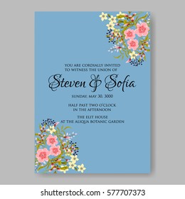 Anemone Wedding Invitation Card Template Floral Bridal Wreath Bouquet with wight flowers, peony eucalyptus branches, wild privet berry, currant berry vector illustration in vintage watercolor