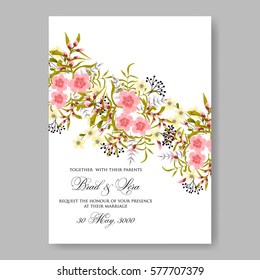 Anemone Wedding Invitation Card Template Floral Bridal Wreath Bouquet with wight flowers, peony eucalyptus branches, wild privet berry, currant berry vector illustration in vintage watercolor