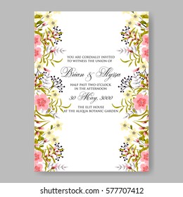 Anemone Wedding Invitation Card Template Floral Bridal Wreath Bouquet with wight flowers, peony eucalyptus branches, wild privet berry, currant berry vector illustration in vintage watercolor