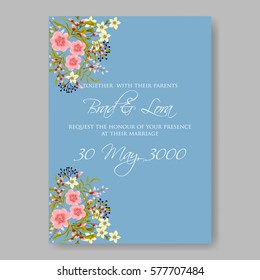 Anemone Wedding Invitation Card Template Floral Bridal Wreath Bouquet with wight flowers, peony eucalyptus branches, wild privet berry, currant berry vector illustration in vintage watercolor