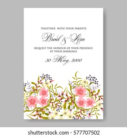 Anemone Wedding Invitation Card Template Floral Bridal Wreath Bouquet with wight flowers, peony eucalyptus branches, wild privet berry, currant berry vector illustration in vintage watercolor
