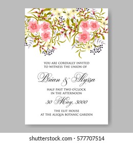 Anemone Wedding Invitation Card Template Floral Bridal Wreath Bouquet with wight flowers, peony eucalyptus branches, wild privet berry, currant berry vector illustration in vintage watercolor