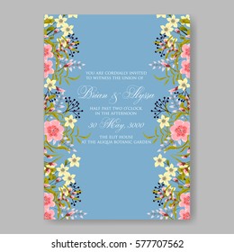 Anemone Wedding Invitation Card Template Floral Bridal Wreath Bouquet with wight flowers, peony eucalyptus branches, wild privet berry, currant berry vector illustration in vintage watercolor