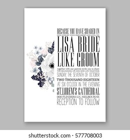 Anemone Wedding Invitation Card Template Floral Bridal Wreath Bouquet with wight flowers, peony eucalyptus branches, wild privet berry, currant berry vector illustration in vintage watercolor