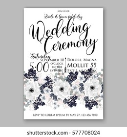 Anemone Wedding Invitation Card Template Floral Bridal Wreath Bouquet with wight flowers, peony eucalyptus branches, wild privet berry, currant berry vector illustration in vintage watercolor