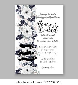 Anemone Wedding Invitation Card Template Floral Bridal Wreath Bouquet with wight flowers, peony eucalyptus branches, wild privet berry, currant berry vector illustration in vintage watercolor