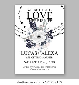 Anemone Wedding Invitation Card Template Floral Bridal Wreath Bouquet with wight flowers, peony eucalyptus branches, wild privet berry, currant berry vector illustration in vintage watercolor