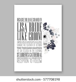 Anemone Wedding Invitation Card Template Floral Bridal Wreath Bouquet with wight flowers, peony eucalyptus branches, wild privet berry, currant berry vector illustration in vintage watercolor
